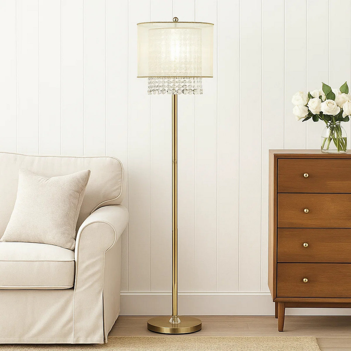Floor Lamp with Hanging Crystal Accents, White and Gold - BM240410