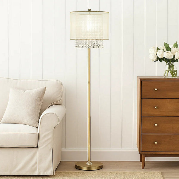 Floor Lamp with Hanging Crystal Accents, White and Gold - BM240410