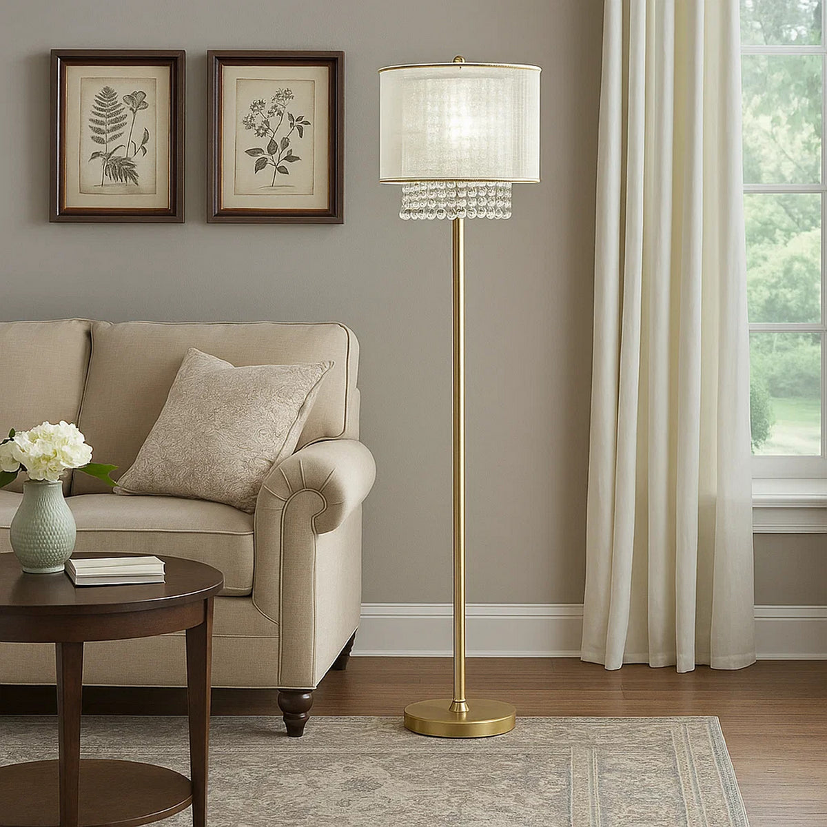 Floor Lamp with Hanging Crystal Accents, White and Gold - BM240410