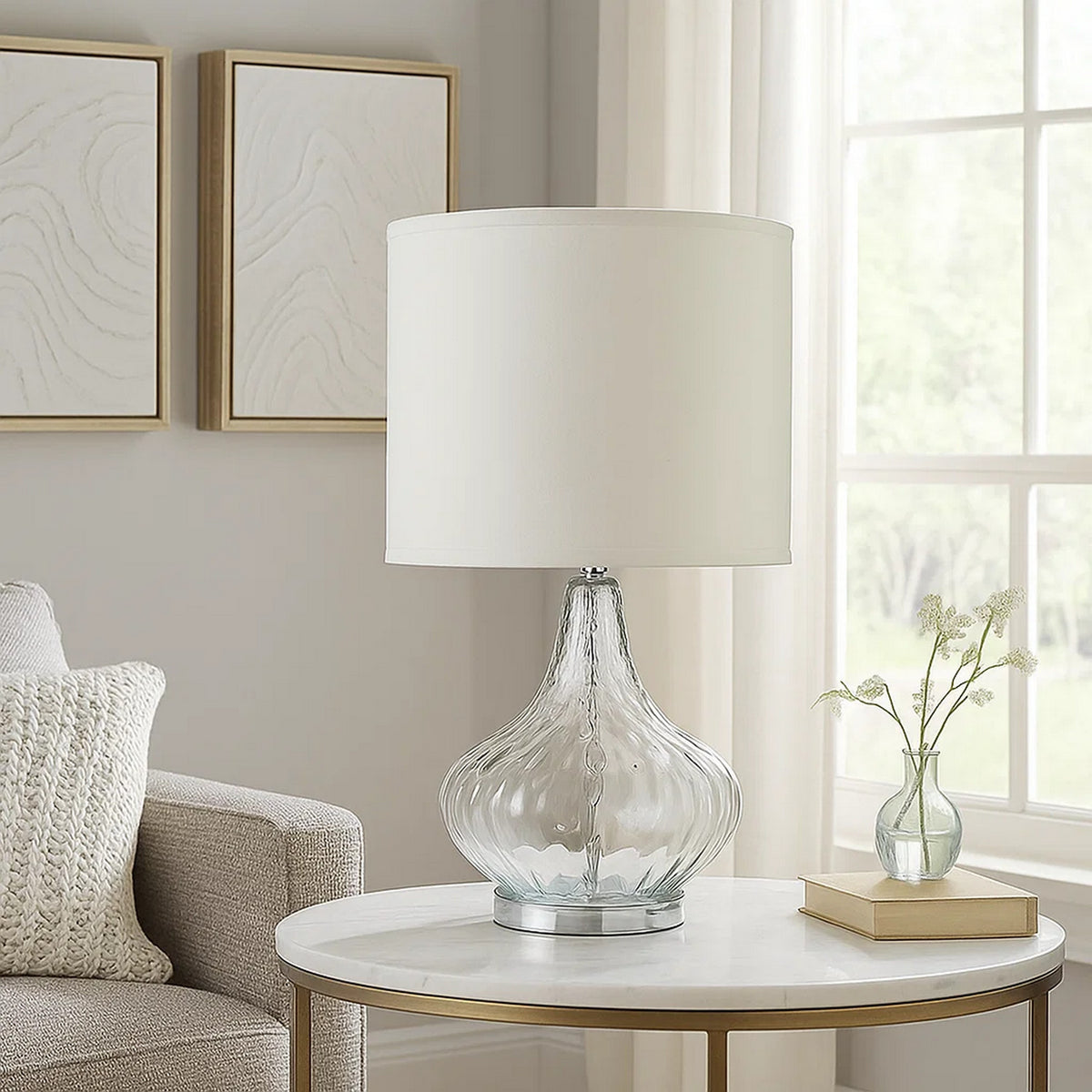 Table Lamp with Pot Bellied Glass Body, Clear and White - BM240428