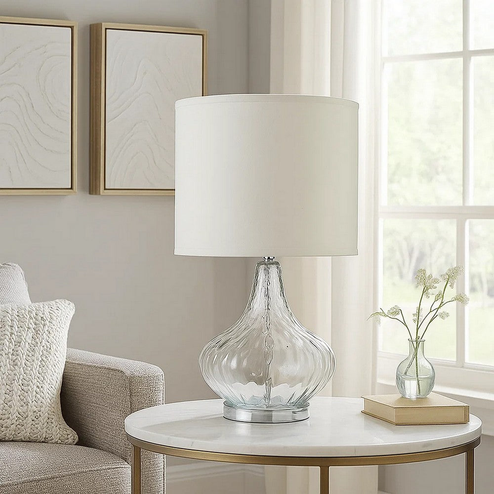 Table Lamp with Pot Bellied Glass Body, Clear and White - BM240428