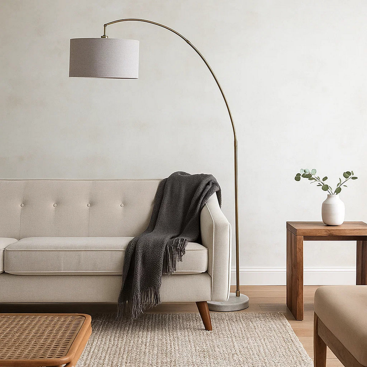 Floor Lamp with Curved Metal Frame and Drum Shade, Antique Gold  - BM240433