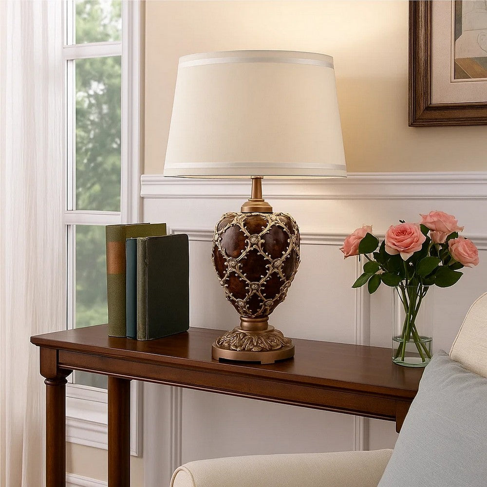 Polyresin Urn Shaped Table Lamp with Diamond Stencils Pattern, Brown - BM240901
