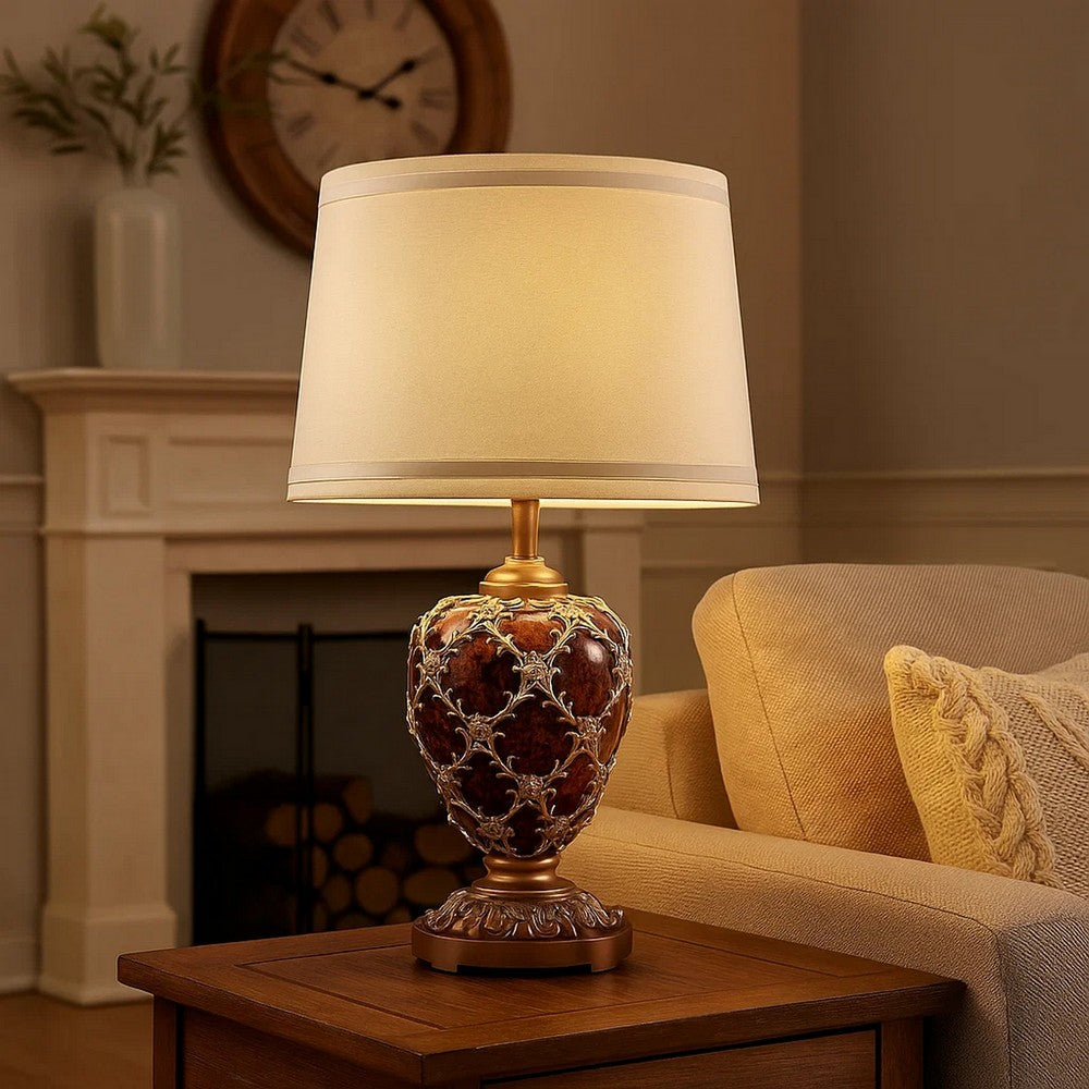 Polyresin Urn Shaped Table Lamp with Diamond Stencils Pattern, Brown - BM240901