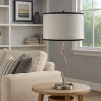 29 Inch Round Drum Shade Table Lamp, Curved Tubular Frame, Silver - BM240916