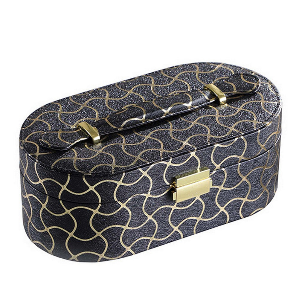 Travel Jewelry Case with 2 Semicircle Slots and Wavy Pattern, Black - BM240929