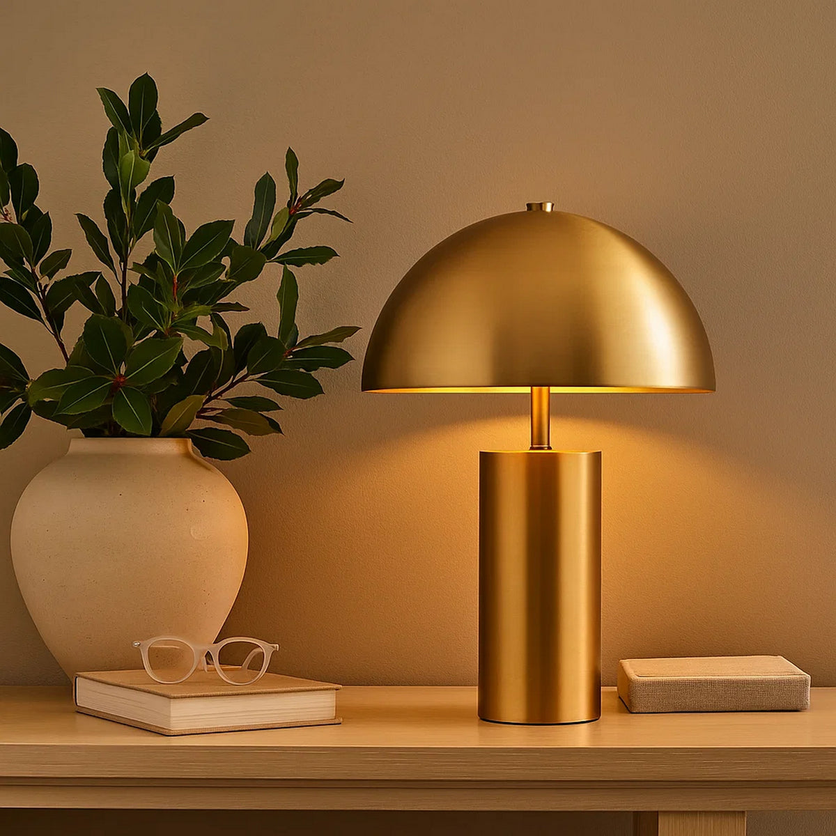 Table Lamp with Metal Umbrella Shade and Cylindrical Body, Brass  - BM241099