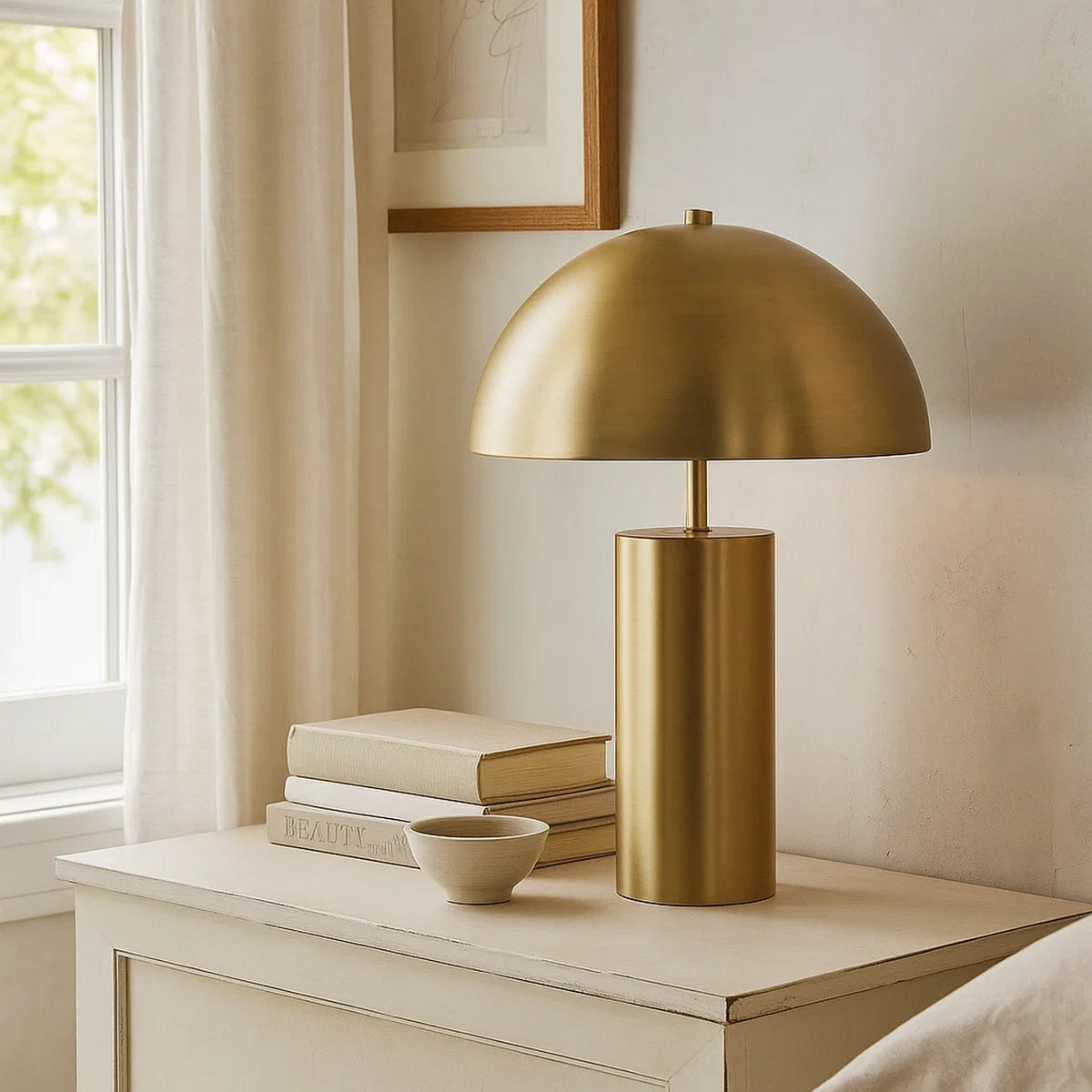 Table Lamp with Metal Umbrella Shade and Cylindrical Body, Brass  - BM241099