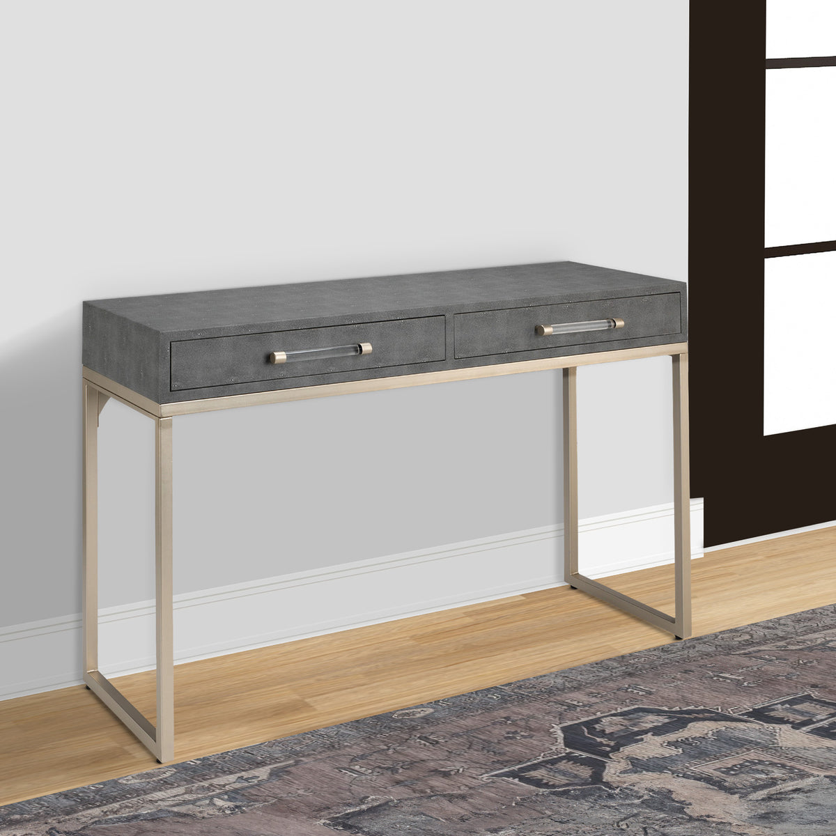 Console Table with Two Drawers and Metal Base, Gray