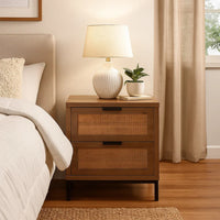 Side Table with MDF Frame and 2 Rattan Weaving Front Drawers, Brown  - BM241210