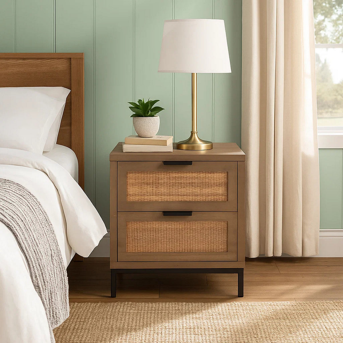 Side Table with MDF Frame and 2 Rattan Weaving Front Drawers, Brown  - BM241210