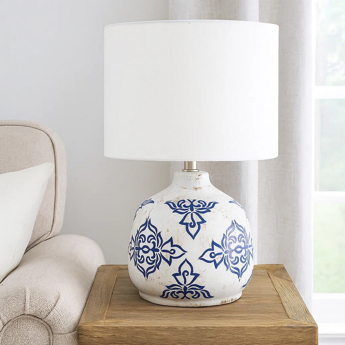 Table Lamp with Floral Pattern Ceramic Base, White  - BM241220