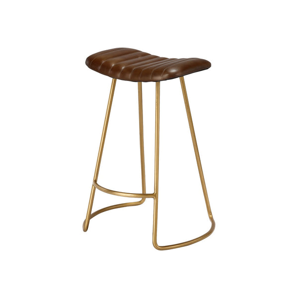 Counter Stool with Leatherette Vertical Channel Stitching, Brown and Antique Brass - BM241225