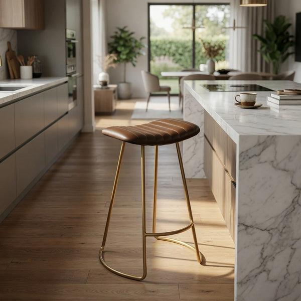 Counter Stool with Leatherette Vertical Channel Stitching, Brown and Antique Brass - BM241225