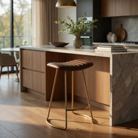 Counter Stool with Leatherette Vertical Channel Stitching, Brown and Antique Brass - BM241225
