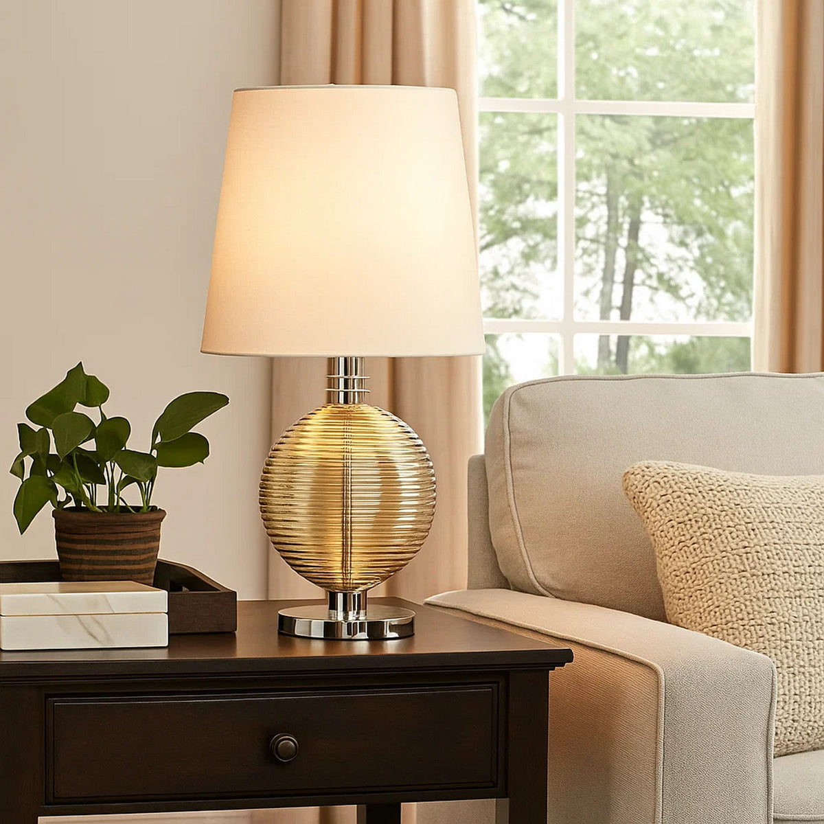 Table Lamp with Textured Glass Ball Accent, White and Chrome  - BM241799