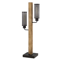 Wooden Table Lamp with 2 Metal Mesh Shades, Brown and Black  - BM241805