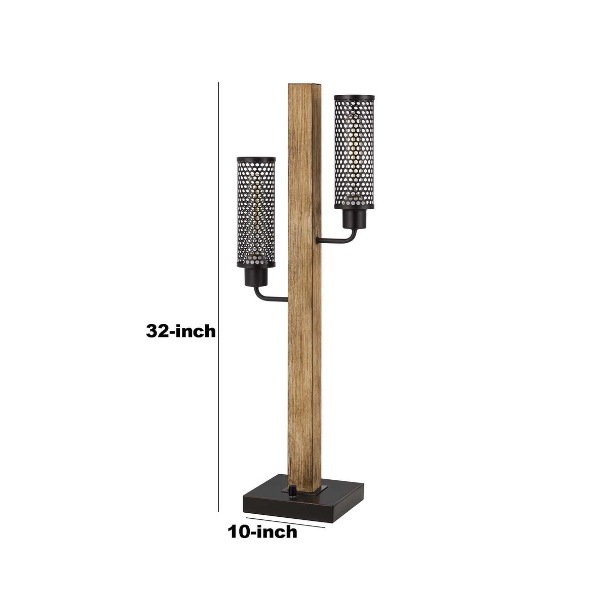 Wooden Table Lamp with 2 Metal Mesh Shades, Brown and Black  - BM241805