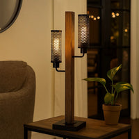 Wooden Table Lamp with 2 Metal Mesh Shades, Brown and Black  - BM241805