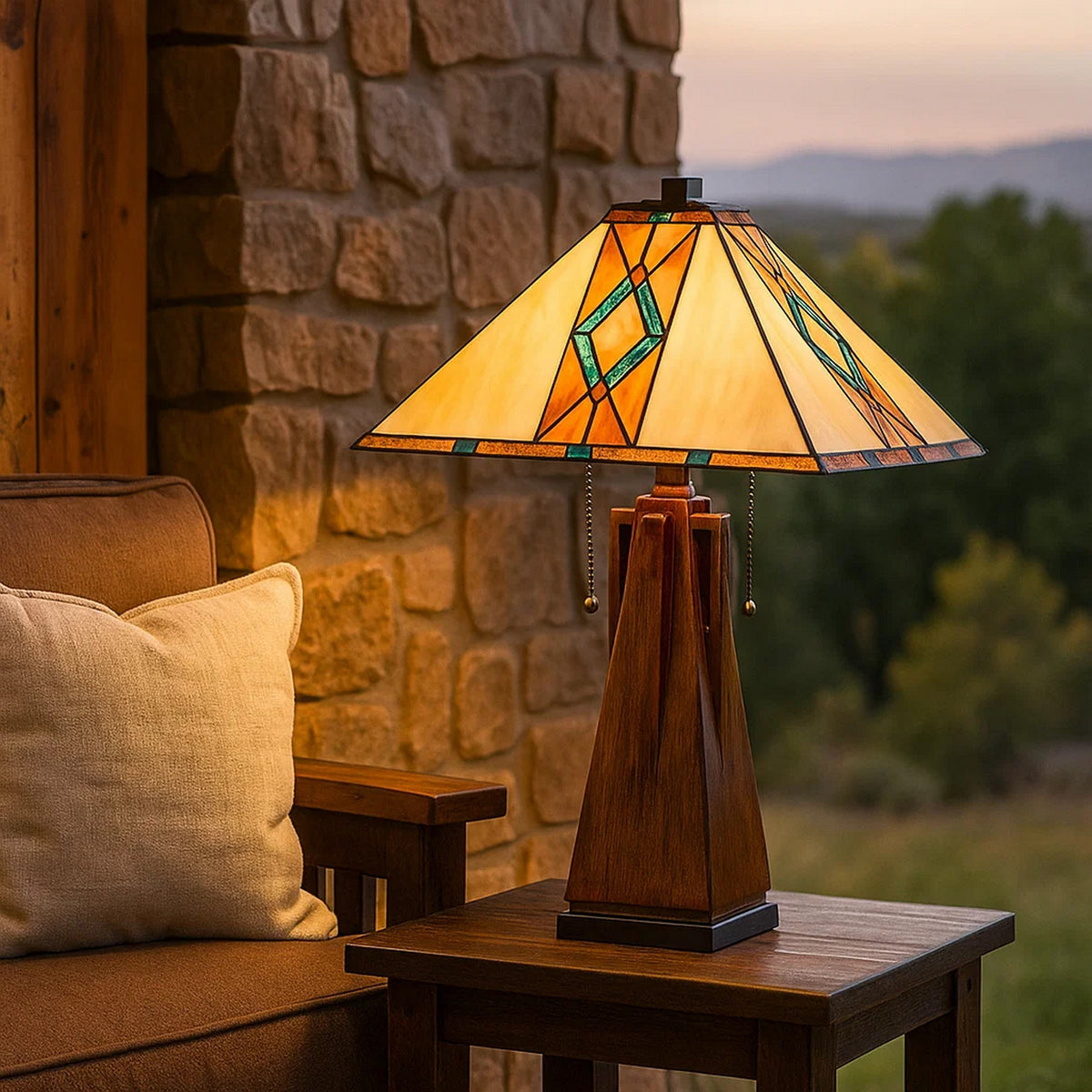 Table Lamp with Tiffany Shade and Geometric Design, Multicolor
