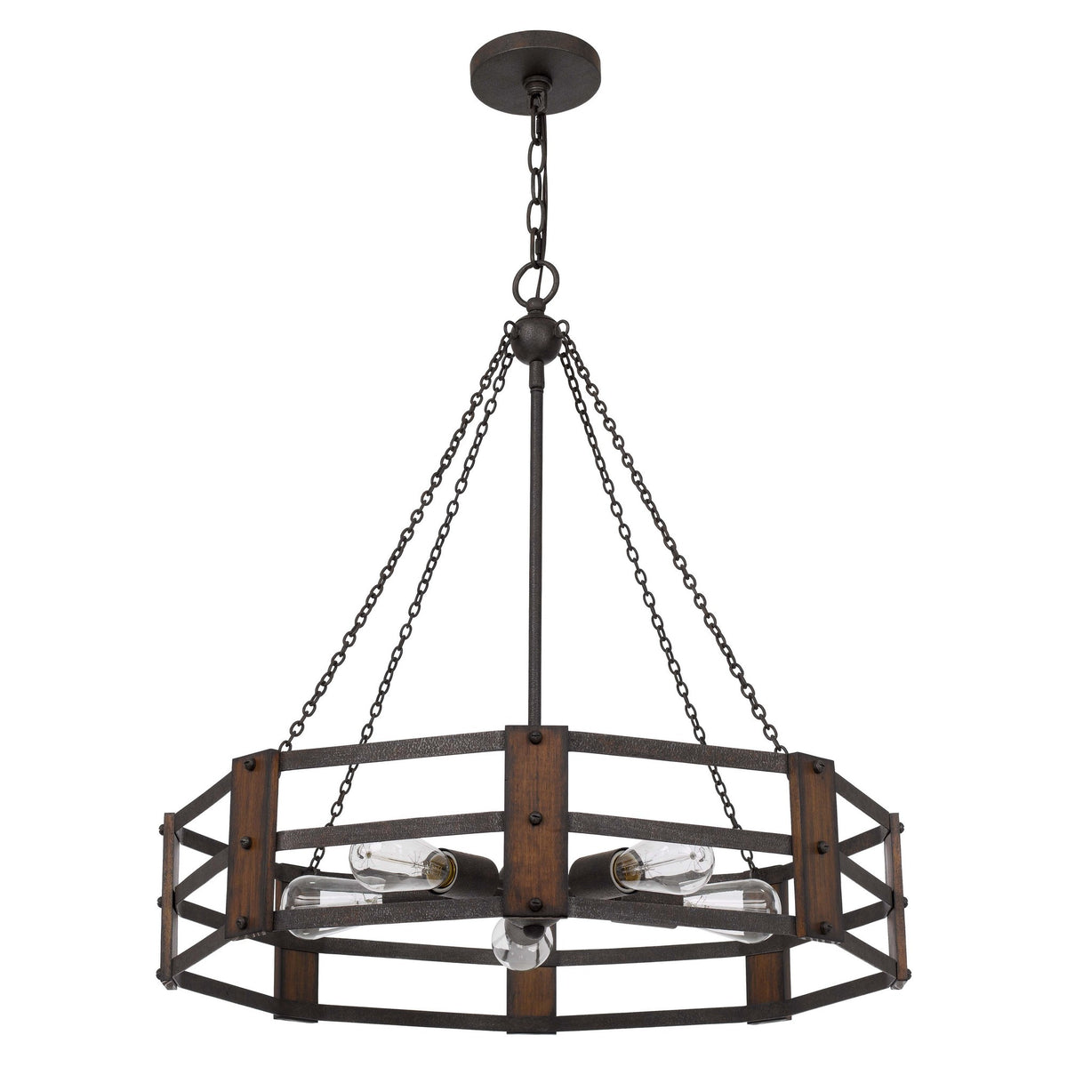 Chandelier with Octagonal Cage Design Metal Frame and Wood Accents, Brown  - BM241828