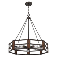 Chandelier with Octagonal Cage Design Metal Frame and Wood Accents, Brown  - BM241828