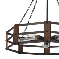 Chandelier with Octagonal Cage Design Metal Frame and Wood Accents, Brown  - BM241828