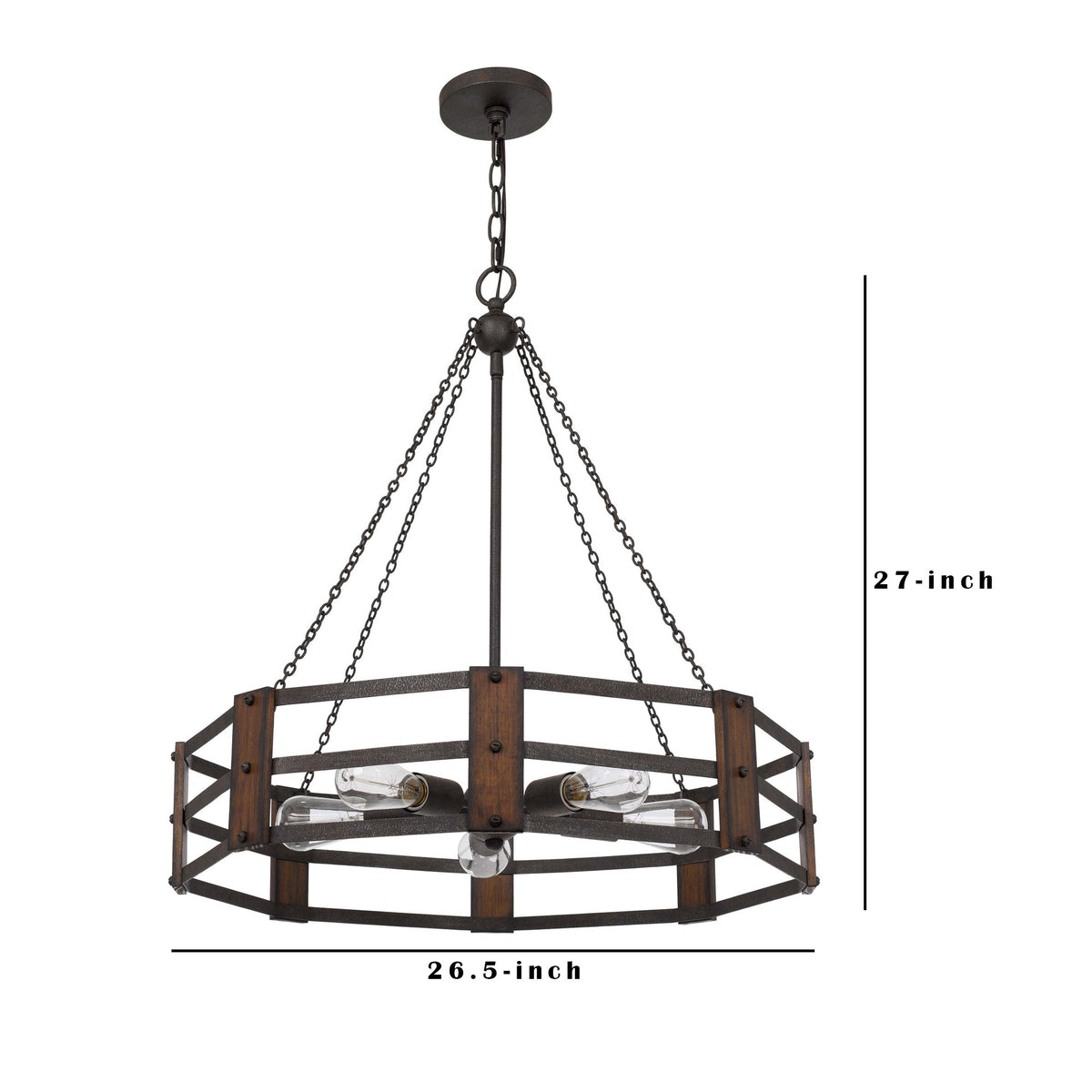 Chandelier with Octagonal Cage Design Metal Frame and Wood Accents, Brown  - BM241828