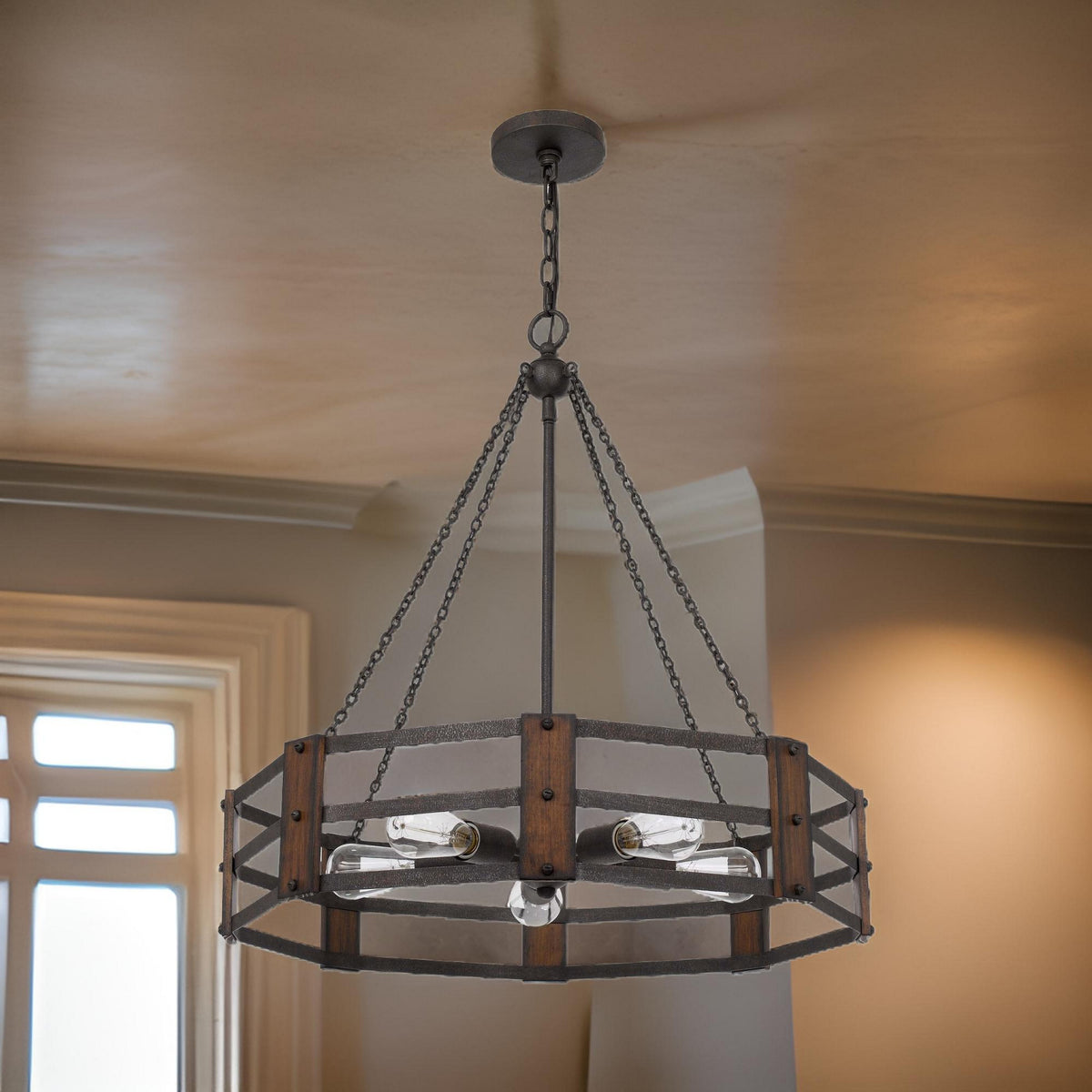 Chandelier with Octagonal Cage Design Metal Frame and Wood Accents, Brown  - BM241828