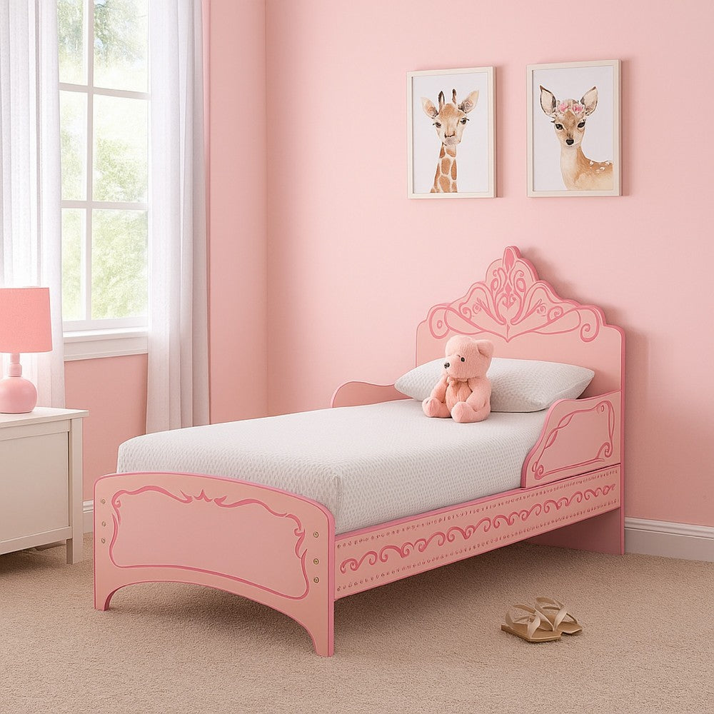 Twin Bed with MDF Scalloped and Scroll Motif Design, Pink - BM241842
