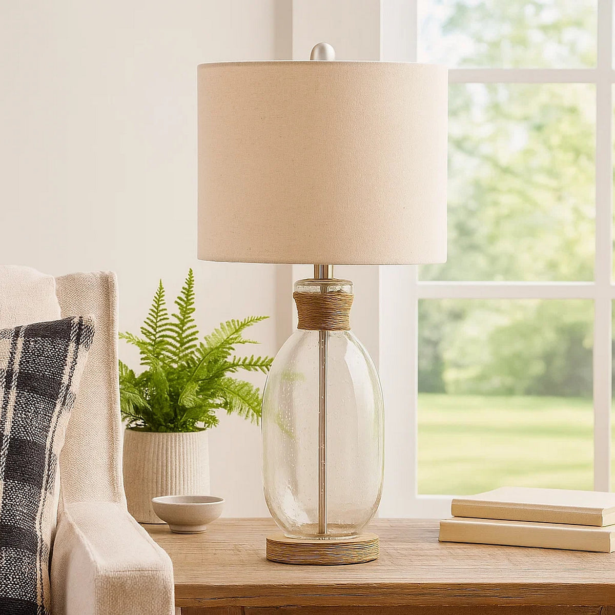 Table Lamp with Bubble Glass Body and Rope Accent, Beige  - BM241867