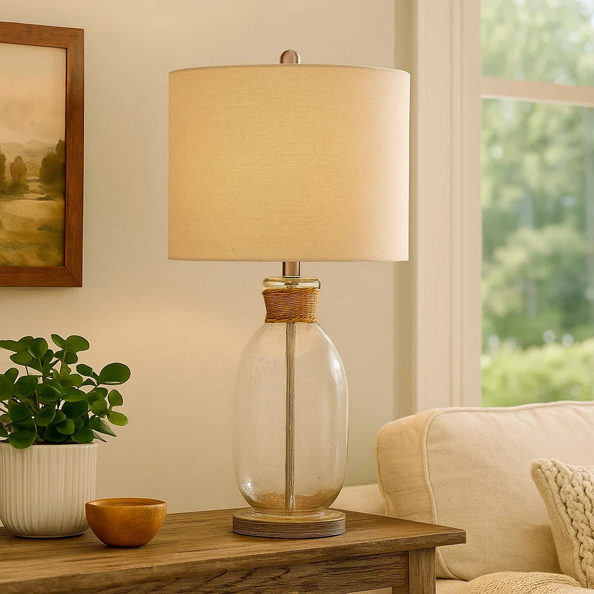 Table Lamp with Bubble Glass Body and Rope Accent, Beige  - BM241867