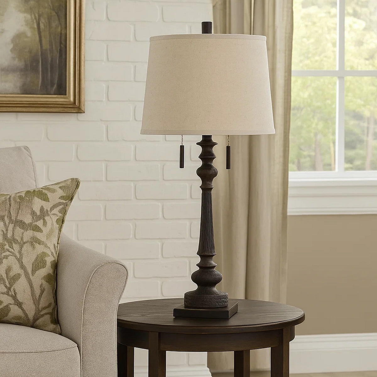 Table Lamp with Tubular Turned Resin Support and Pull Chain, Dark Bronze  - BM241869