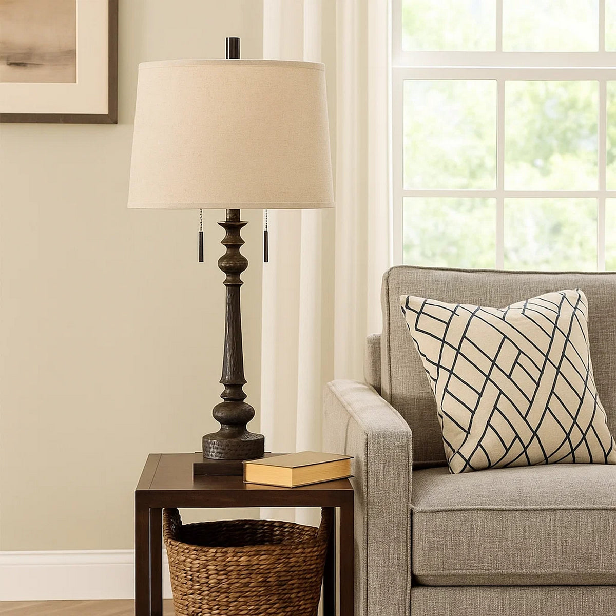 Table Lamp with Tubular Turned Resin Support and Pull Chain, Dark Bronze  - BM241869