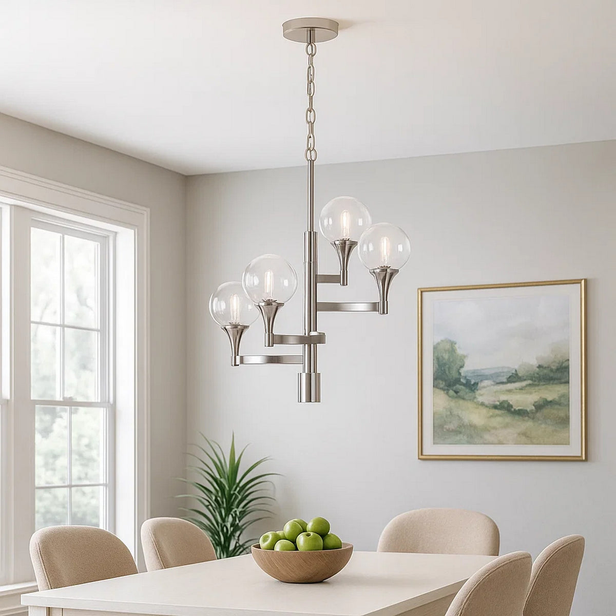 Chandelier with 4 Globe Glass Shades and Cone Design Holders, Chrome  - BM241873