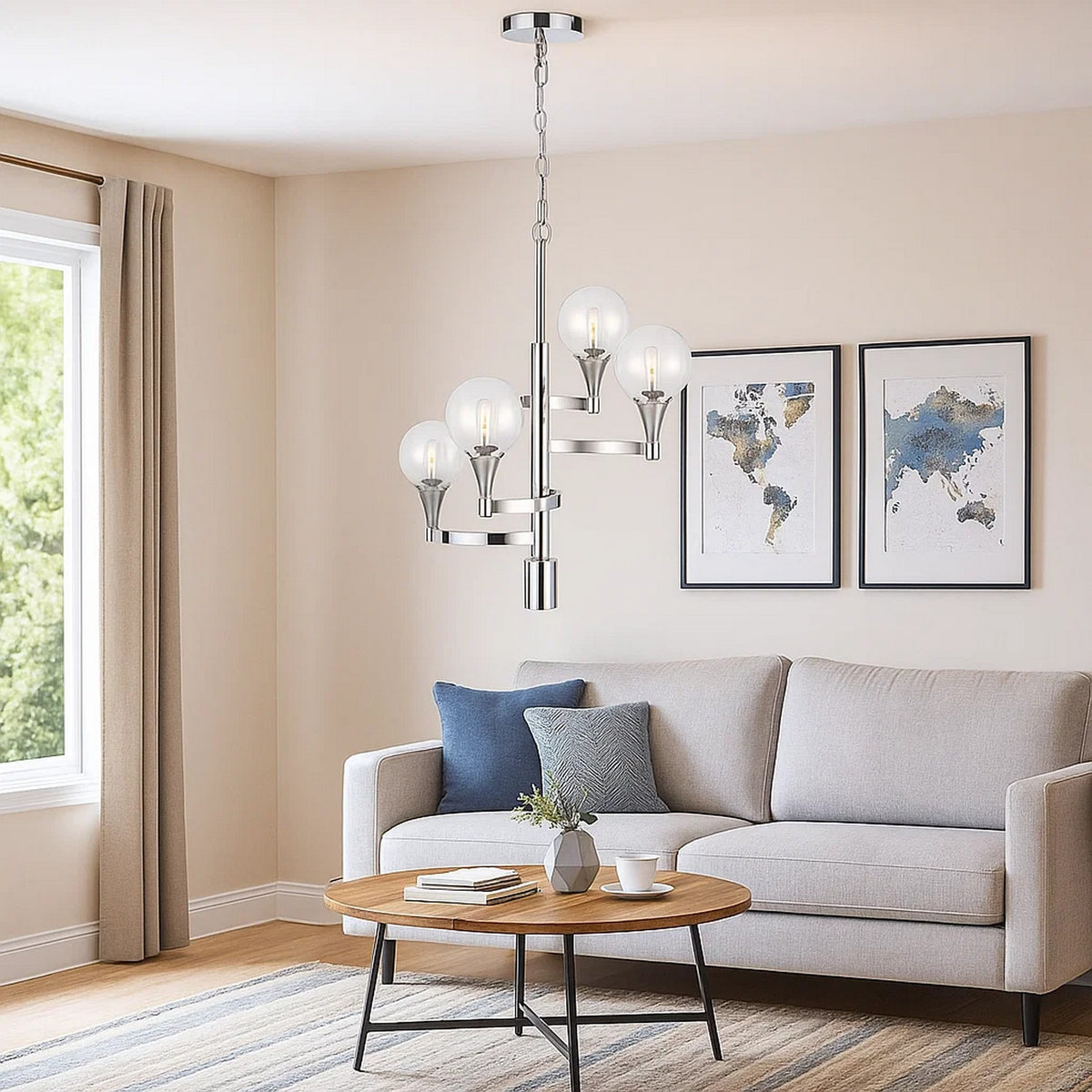 Chandelier with 4 Globe Glass Shades and Cone Design Holders, Chrome  - BM241873