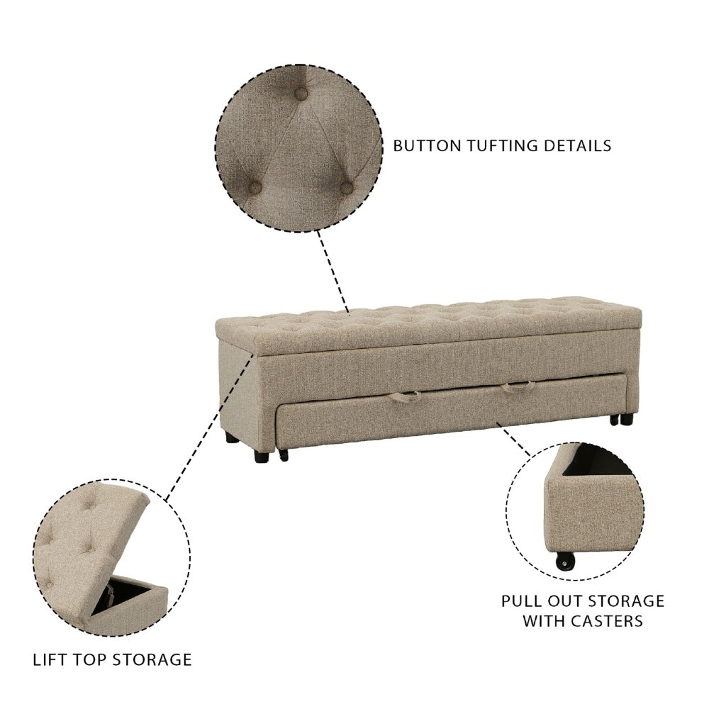 Bench with Button Tufting and Pull Out Storage, Beige - BM241906