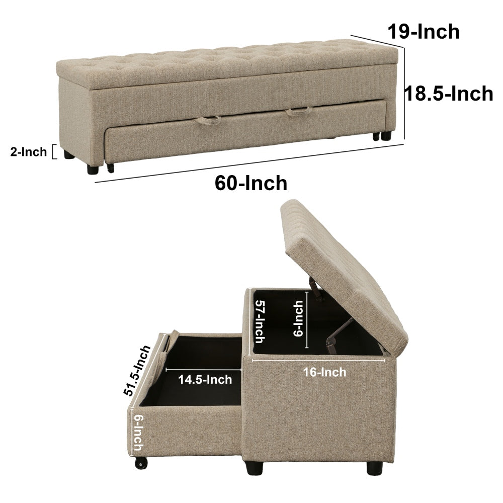 Bench with Button Tufting and Pull Out Storage, Beige - BM241906