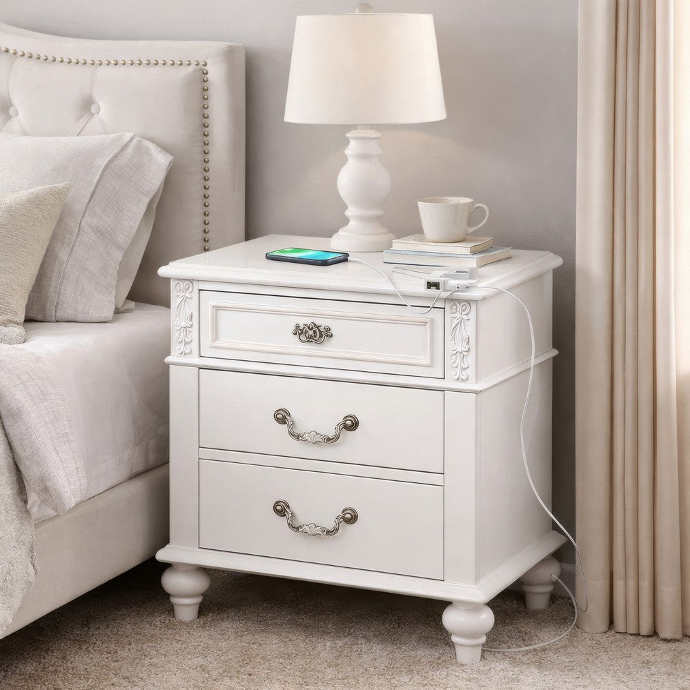 Nightstand with 3 Drawers and Built In USB Port, White - BM241909