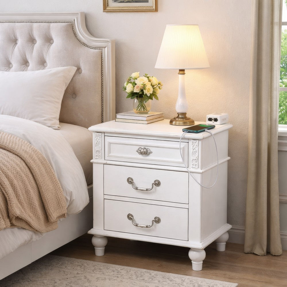 Nightstand with 3 Drawers and Built In USB Port, White - BM241909