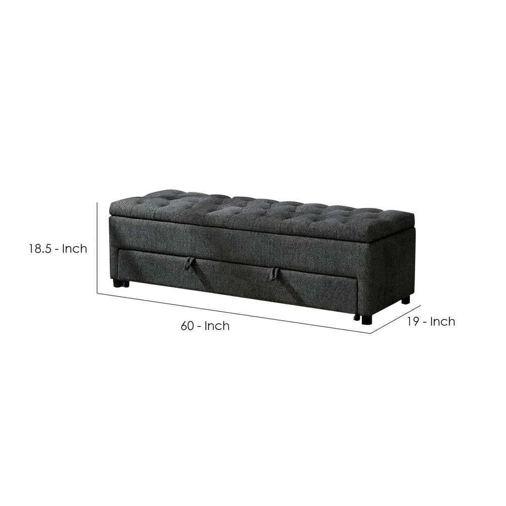 60 Inch Modern Pull Out Storage Bench, Textured Dark Gray Fabric, Button Tufting, Lift Top - BM241933