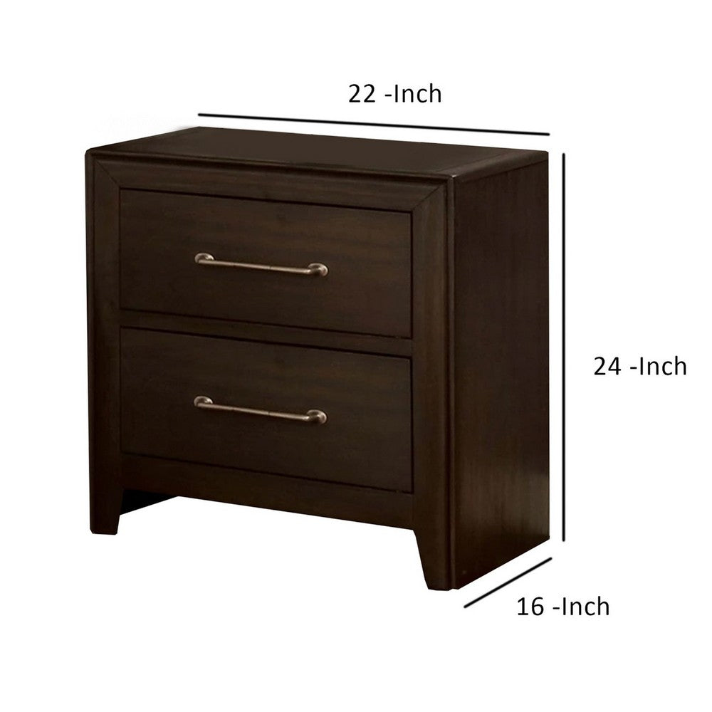 Nightstand with 2 Drawers and Metal Bar Pulls, Walnut Brown - BM241943