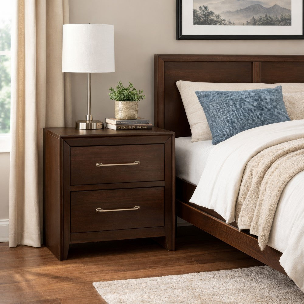 Nightstand with 2 Drawers and Metal Bar Pulls, Walnut Brown - BM241943