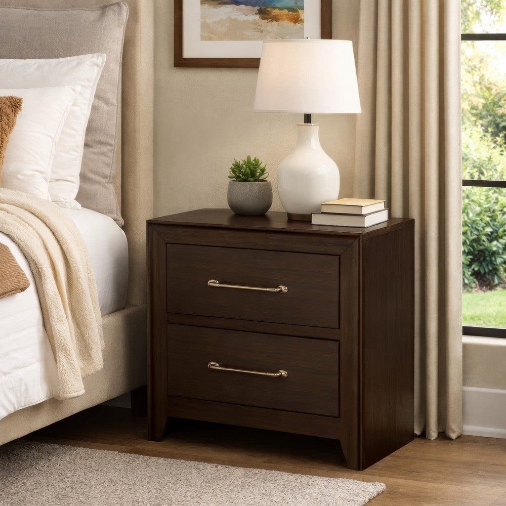 Nightstand with 2 Drawers and Metal Bar Pulls, Walnut Brown - BM241943