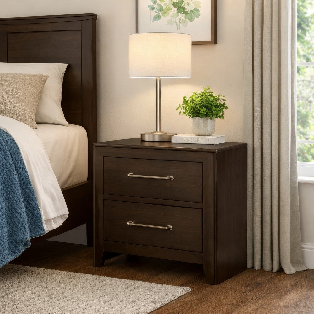 Nightstand with 2 Drawers and Metal Bar Pulls, Walnut Brown - BM241943