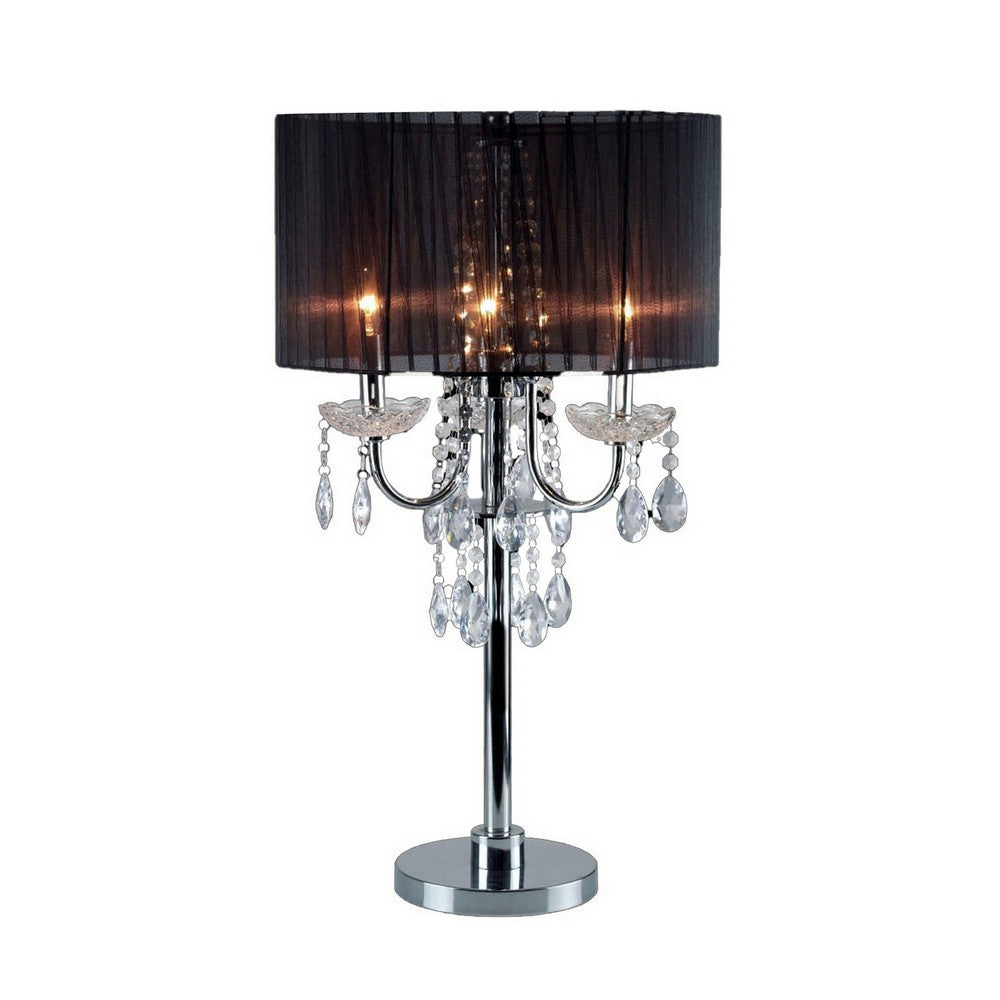 Table Lamp with Pleated Drum Shade and Crystal Droplets, Chrome - BM241947