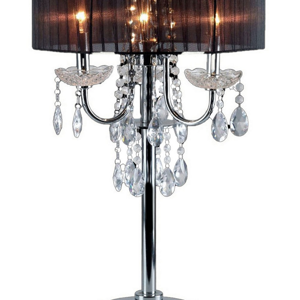 Table Lamp with Pleated Drum Shade and Crystal Droplets, Chrome - BM241947