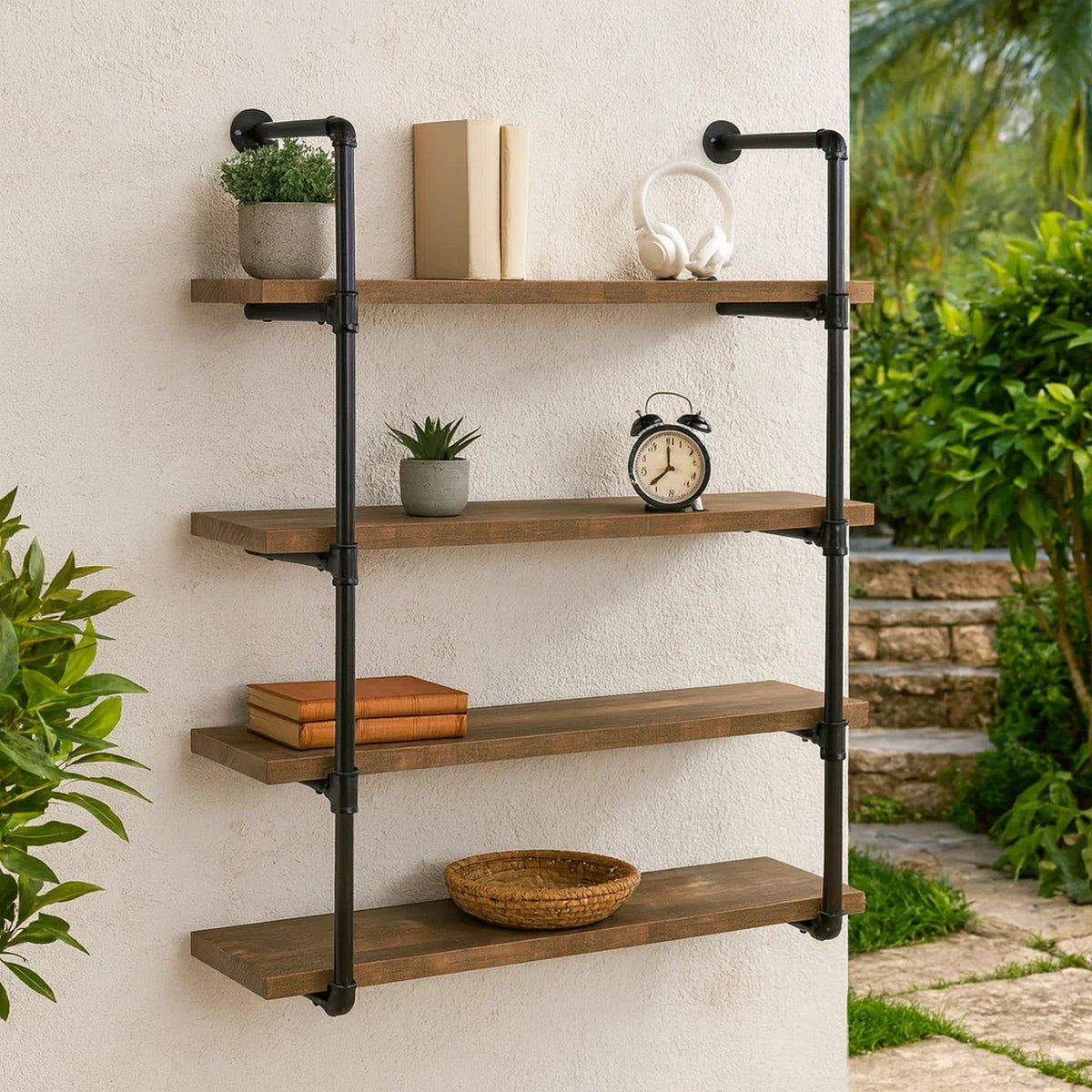 Wall Shelf with 4 Tier Shelves and Pipe Design Frame, Brown  - BM242027