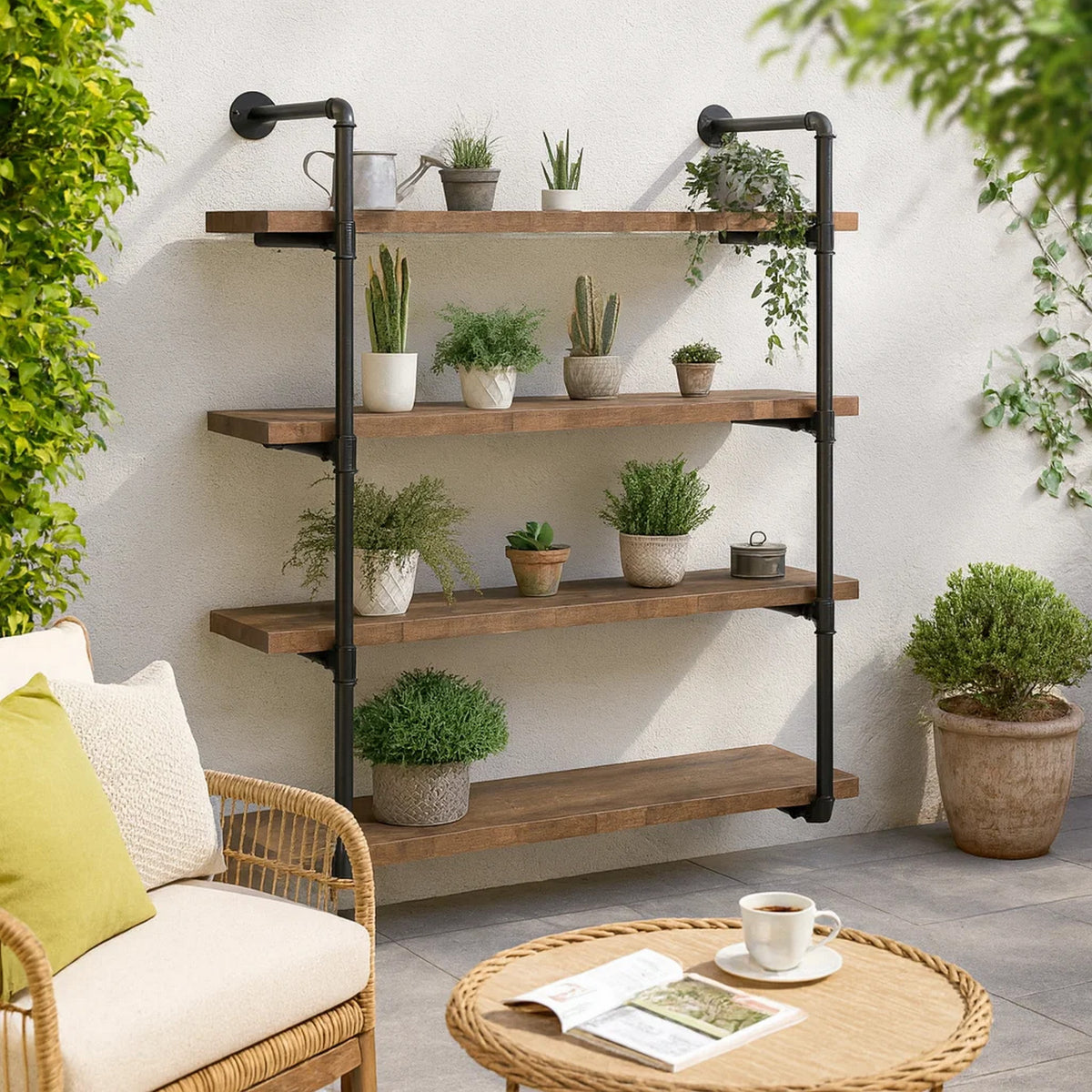 Wall Shelf with 4 Tier Shelves and Pipe Design Frame, Brown  - BM242027