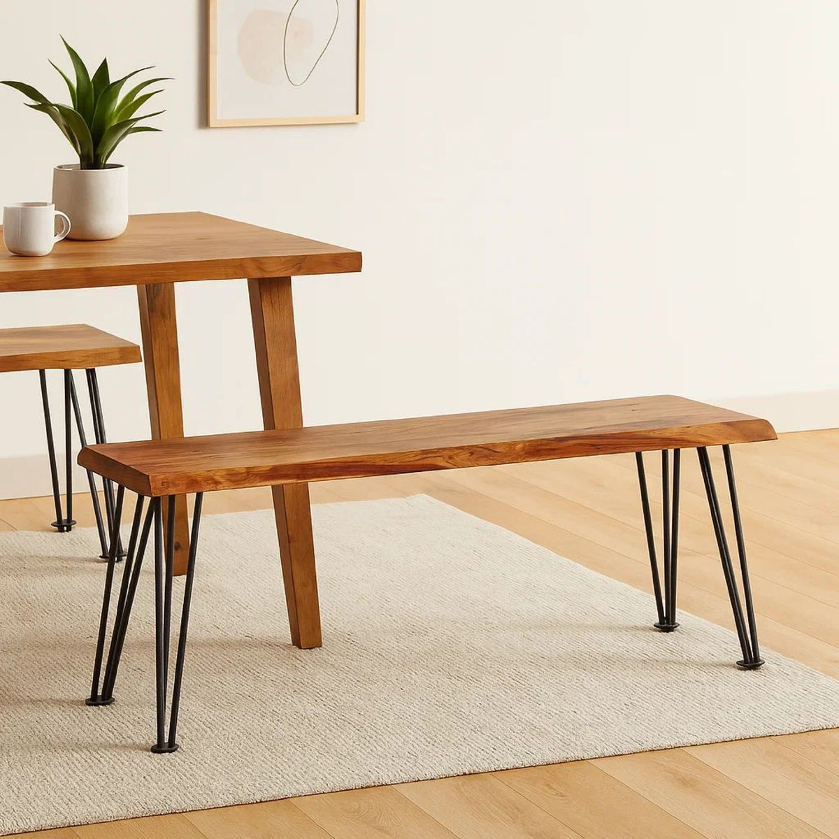 Wooden Dining Bench with Live Edge Details and Metal Legs, Brown